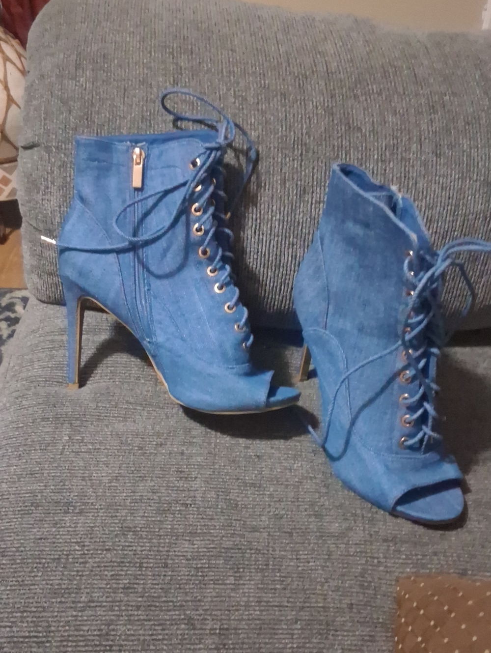 Anne Michelle Blue Lace-Up Peep Toe Ankle Boots